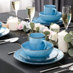 Vancasso Serie Navia Oceano, 16 Teilig Essservice Set Aus Steingut, Tafeiservice Für 4 Personen, Wasserblau, Vintage Aussehen, Natur Design -Küchenbedarf Laden 0716ca1014206be5b32d7329105b29f4