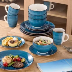 Vancasso Bella Steinzeug Kombiservice, 16 Teilig Geschirrset Für 4 Personen, Mit Je 4 Dessertteller, Speiseteller, Müslischalen, Kaffeebecher, Blau -Küchenbedarf Laden 0d3c38871a1efc0cb57e77b9bb6ffb41