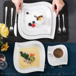 MALACASA, Serie Elvira, 60 Tlg. Cremeweiß Porzellan Geschirrset Kombiservice Tafelservice Mit Tassen, Untertassen, Dessertteller, Suppenteller Und Flachteller Für 12 Person -Küchenbedarf Laden 148e42c0e579bddc24e25588afcf53ba