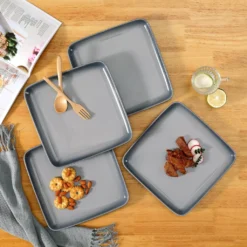 LOVECASA Tafelservice, 4-tlg Set Quadratische Speiseteller Aus Steingut, Flachteller, Frühstücksteller Für 4 Personen, Grau -Küchenbedarf Laden 19761ae9410412a30c62a01b11ff877c