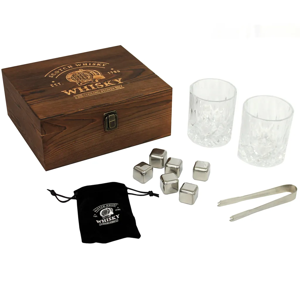 Whisky Geschenk-Set mit 2 Gläsern, Eiswürfeln aus Edelstahl, Zange, Samtbeutel in einer schönen Holzbox Whisky Geschenk-Set Mit 2 Gläsern, Eiswürfeln Aus Edelstahl, Zange, Samtbeutel In Einer Schönen Holzbox -Küchenbedarf Laden 1ab0093b20b8d2628398cc36375a66fb