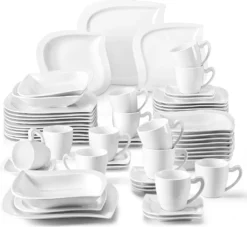 MALACASA, Serie Elvira, 60 Tlg. Cremeweiß Porzellan Geschirrset Kombiservice Tafelservice Mit Tassen, Untertassen, Dessertteller, Suppenteller Und Flachteller Für 12 Person