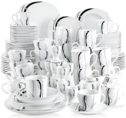 VEWEET, Serie 'Fiona', 100-teilig Porzellan Tafelservice Set, Kombiservice Mit Dessertteller, Speiseteller, Suppenteller, Müslischalen, Kaffeebecher, Kaffeetassen Set, Eierbecher, Milch- Und Zuckerset