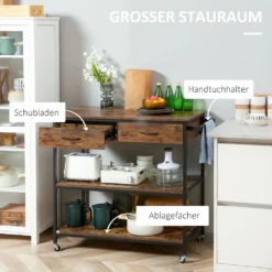 HOMCOM Küchenwagen Auf Rollen, Servierwagen Mit 2 Schubladen Und 2 Regalen, Küchentrolley Mit Arbeitsplatte, Rollwagen, Beistellwagen Im Industriedesign, Braun+Schwarz, 100 X 50 X 93 Cm -Küchenbedarf Laden 353a38f51a183a76200593d4362187f6