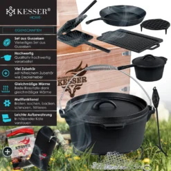 KESSER® Dutch Oven Set In Holzkiste Mit Dutch Oven Mit Viel Zubehör - Gusseisen - Bereits Eingebrannt Mit Kochtopf Grillplatte Pfanne Deckelheber Inkl. Rezeptbuch Handschuhe, Farbe:12-Teilig -Küchenbedarf Laden 38df38343abbbd4d0400d305fbafd466