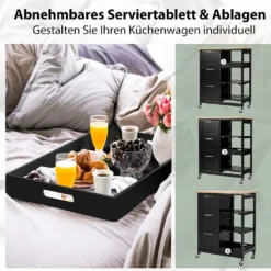 COSTWAY Küchenwagen Mit Tablett, Regalen Und 3 Großen Schubladen, Küchenschrank Rollbar, Kücheninsel Aus Kautschukholz, Servierwagen 67 X 37 X 82,5 Cm (Schwarz) -Küchenbedarf Laden 44c03889083a6f7f433134e41886c9ea