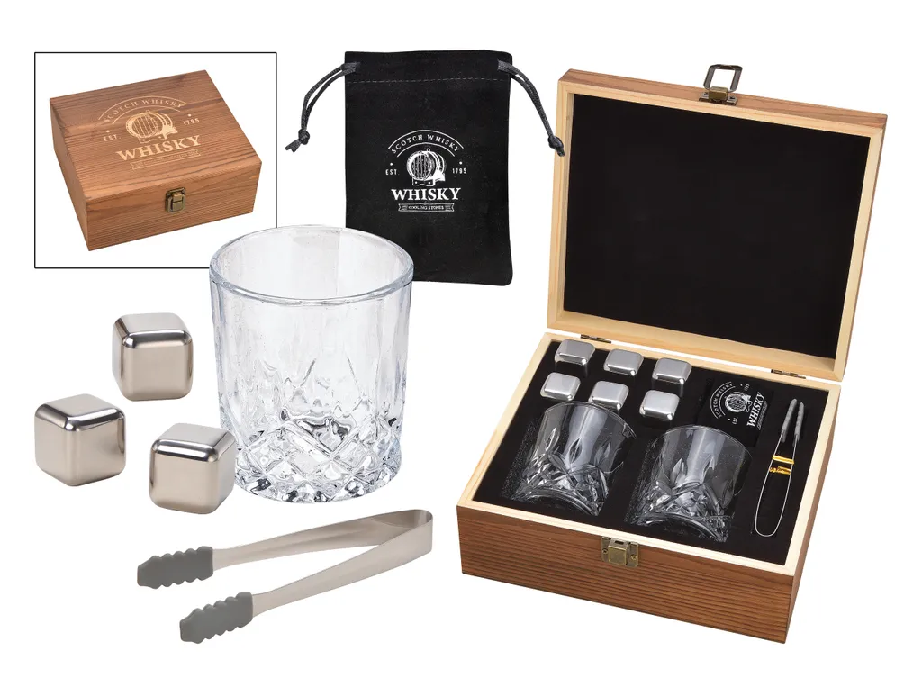 Whisky Geschenk-Set mit 2 Gläsern, Eiswürfeln aus Edelstahl, Zange, Samtbeutel in einer schönen Holzbox Whisky Geschenk-Set Mit 2 Gläsern, Eiswürfeln Aus Edelstahl, Zange, Samtbeutel In Einer Schönen Holzbox -Küchenbedarf Laden 4d63642650bc74b81550c574fe691c12