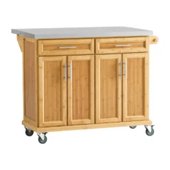 SoBuy FKW69-N Kücheninsel Küchenwagen Mit Erweiterbarer Edelstahlarbeitsplatte Küchenschrank Servierwagen Bambus BHT Ca.: 115x92x46-71cm