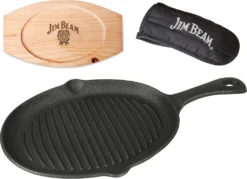 Jim Beam BBQ Servierpfanne Gusseisen - Grillpfanne Steakpfanne Emaille Mit Holzuntersetzer Servierbrett 4er Set