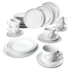 Mambo-Cat Kaffee-Tasse Porzellan-Becher Geschirr-Set Schüssel Bowl-Schale Tafel-Zubehör Suppen-Schälchen Speise-Teller Käse-Wurst Ess-Platte Frühstücks-Buffet Brunch Kuchen-Dessert Home Streifen-Grau Schwarz-Creme Kombi-Service Sechs-Personen