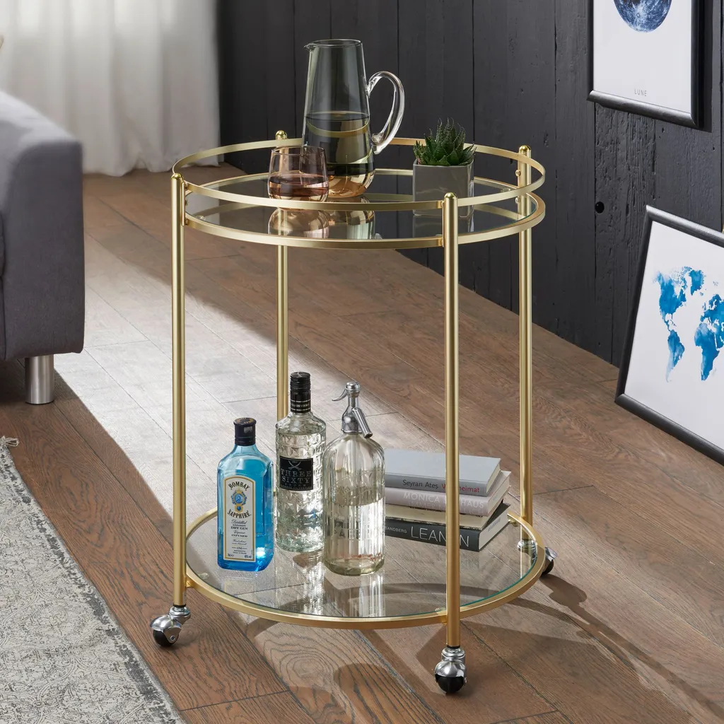 WOHNLING Design Servierwagen Gold Ø 57 cm Beistelltisch | Teewagen Metall mit Rollen | Küchenwagen mit Glasplatten | Barwagen Rund 75 cm hoch | Küchentrolley Modern | Rollwagen WOHNLING Design Servierwagen Gold Ø 57 Cm Beistelltisch | Teewagen Metall Mit Rollen | Küchenwagen Mit Glasplatten | Barwagen Rund 75 Cm Hoch | Küchentrolley Modern | Rollwagen -Küchenbedarf Laden 82d5be08fb050f6bbbe01f6da1c21176