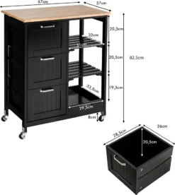 COSTWAY Küchenwagen Mit Tablett, Regalen Und 3 Großen Schubladen, Küchenschrank Rollbar, Kücheninsel Aus Kautschukholz, Servierwagen 67 X 37 X 82,5 Cm (Schwarz) -Küchenbedarf Laden 83186f2829d15ab944e95c700081d4b1