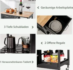 COSTWAY Küchenwagen Mit Tablett, Regalen Und 3 Großen Schubladen, Küchenschrank Rollbar, Kücheninsel Aus Kautschukholz, Servierwagen 67 X 37 X 82,5 Cm (Schwarz) -Küchenbedarf Laden 8ebb730607564a2ca83e545fa46cb2da