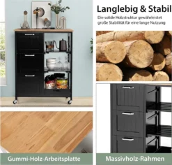 COSTWAY Küchenwagen Mit Tablett, Regalen Und 3 Großen Schubladen, Küchenschrank Rollbar, Kücheninsel Aus Kautschukholz, Servierwagen 67 X 37 X 82,5 Cm (Schwarz) -Küchenbedarf Laden 99c24d04f9c160347cc32638ed8d003c