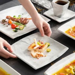 MALACASA, Serie Blance, Kombiservice 30 Tlg. Marmor Porzellan Geschirrset Eckig Tafelservice Mit 180 Ml Kaffeetassen, Untertassen, Dessertteller, Tiefteller Und Flachteller -Küchenbedarf Laden a9718137b3c6b0f7db6ce91f023c4818