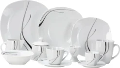 Van Well Kombiservice Silver Night 62-tlg 6 Personen, Tafel + Kaffee + Zubehör, Linien-Dekor -Küchenbedarf Laden bbb54c110476e049e18d7e928ac529d4