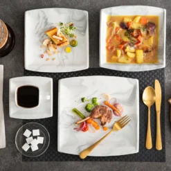 MALACASA, Serie Blance, Kombiservice 30 Tlg. Marmor Porzellan Geschirrset Eckig Tafelservice Mit 180 Ml Kaffeetassen, Untertassen, Dessertteller, Tiefteller Und Flachteller -Küchenbedarf Laden d88c5ec74805cfe71e62b0808223d5f3