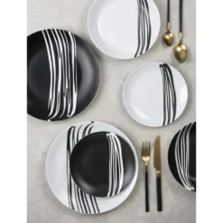Waterside 0000006105 Tafelservice Milan Für 8 Personen + Streifen, Porzellan, Rund, Schwarz/weiß (1 Set, 24-teilig) -Küchenbedarf Laden e8eaf491ef2628c7b8ce65fbaa646e84