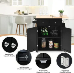 COSTWAY Kücheninsel Mit Handtuchhalter, Rollender Küchenwagen Aus Gummiholz Mit Verstellbarem Regal & 2 Schubladen & Gewürzregal, Servierwagen Modern Mit Räder Mit Bremsen (Schwarz) -Küchenbedarf Laden f1e38b1060987801b2ec87051e068ac5