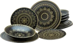 CreaTable 23588 Tafelservice Mandala Für 4 Personen, Steinzeug, Schwarz/gold (1 Set, 12-teilig) -Küchenbedarf Laden f91367918063c143fa8b20ac5787515b
